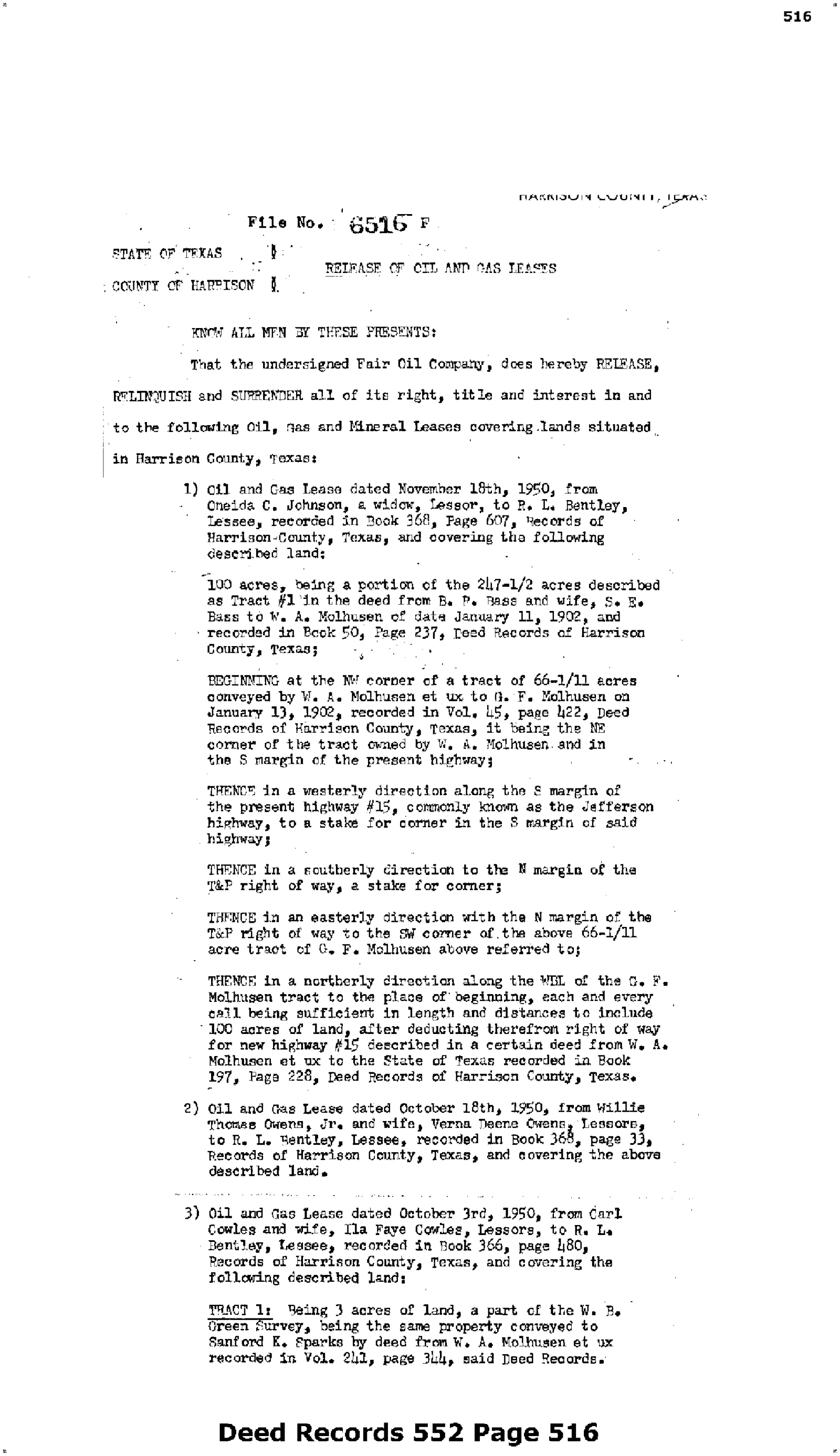 Fair Oil Co - Recorded Release Of Lease (Vol. 552, Page 516)